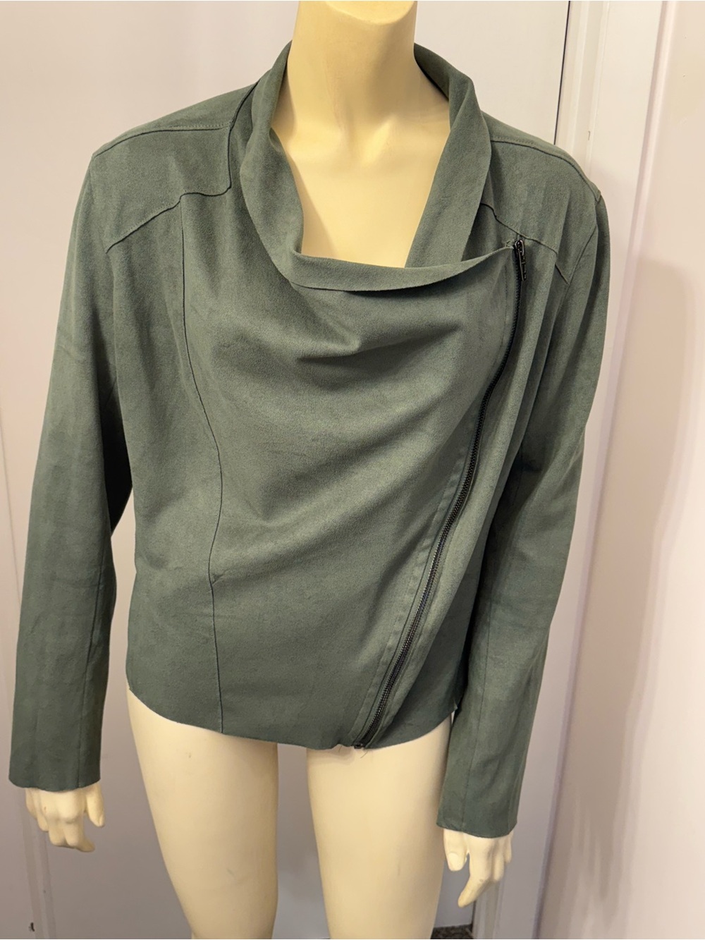 Asymmetrical Draped Leather Jacket - Sage Green